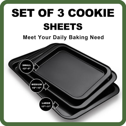 Baking Sheet Tray Set, 3 Pack Cookie Sheet Pan for Oven, Nonstick Bakeware Sets with Wider Grips, Half/Jelly Roll/Quarter Non Toxic & Easy Clean - Dark Grey - CookCave