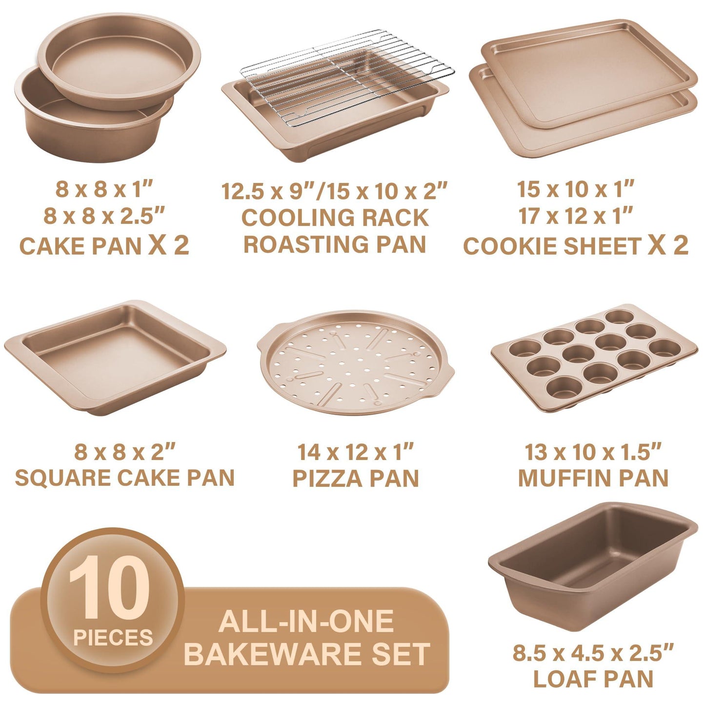 HONGBAKE Bakeware Sets, Baking Pans Set, Nonstick Oven Pan for Kitchen with Wider Grips, 10-Pieces Including Rack, Cookie Sheet, Cake Pans, Loaf Pan, Muffin Pan, Pizza Pan - Champagne Gold - CookCave