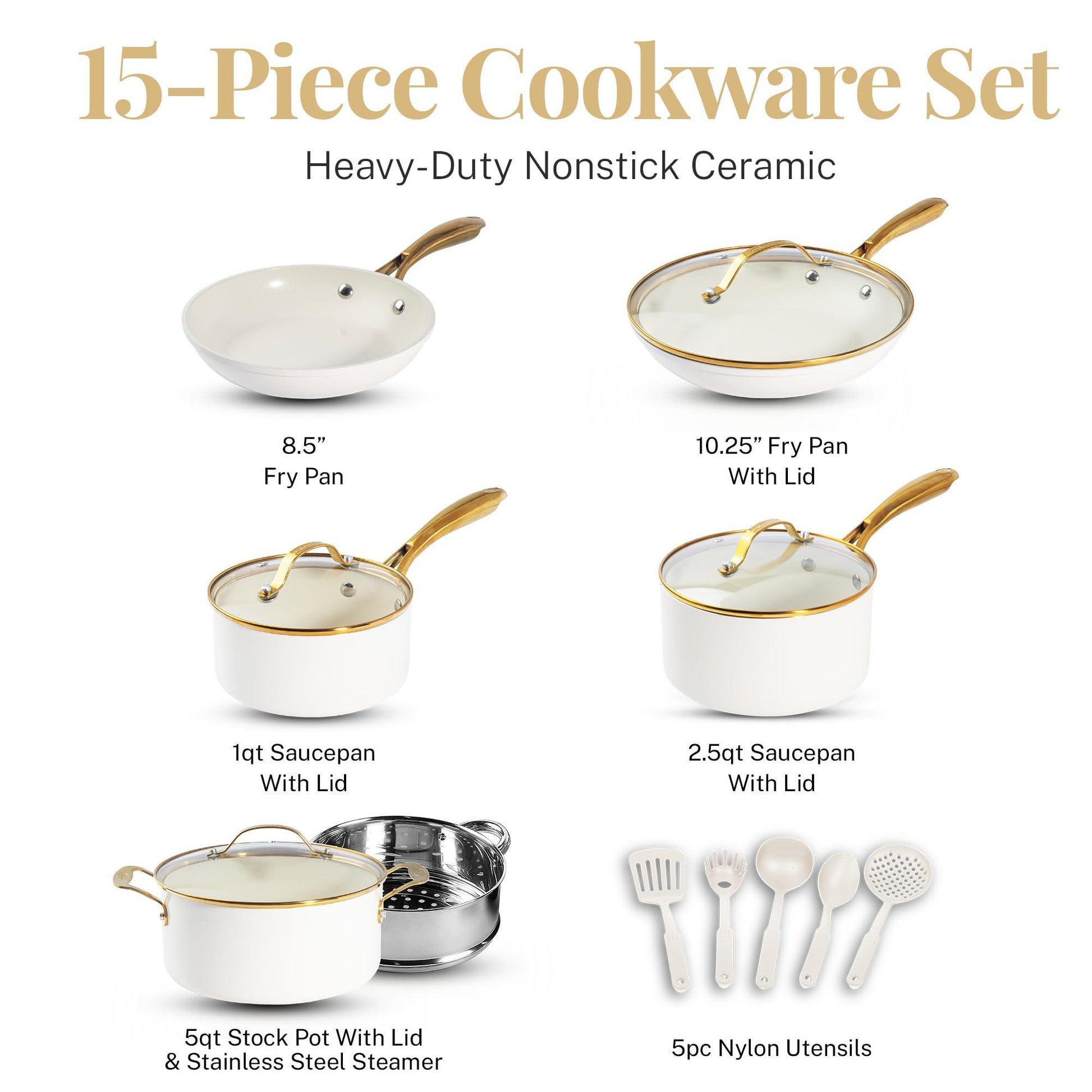 Gotham Steel 15 Pc Pots and Pans Set Non Stick Cookware Set, Pot and Pan Set, Kitchen Cookware Sets, Ceramic Cookware Set, Nonstick Cookware Set, Pot Set, Dishwasher Safe, Non Toxic, Cream White - CookCave