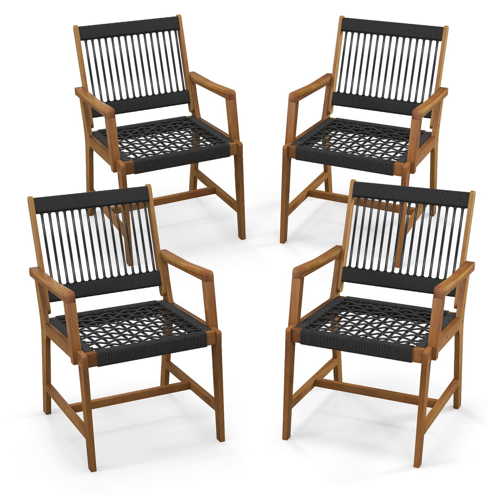 Tangkula Outdoor Acacia Wood Dining Chairs Set of 4, All-Weather Rope Woven Patio Chairs with Armrests, Outdoor Armchairs for Patio, Lawn, Garden, Backyard (2) - CookCave