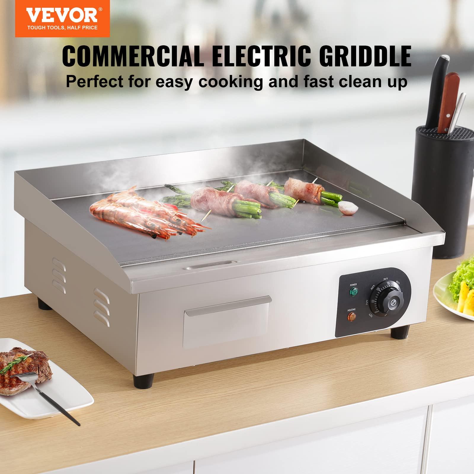 VEVOR Commercial Electric Griddle, 22", 1600W Countertop Flat Top Grill, Stainless Steel Teppanyaki Grill with Non Stick Iron Cooking Plate, 122-572℉ Adjustable Temp Control 2 Shovels & Brushes, 110V - CookCave