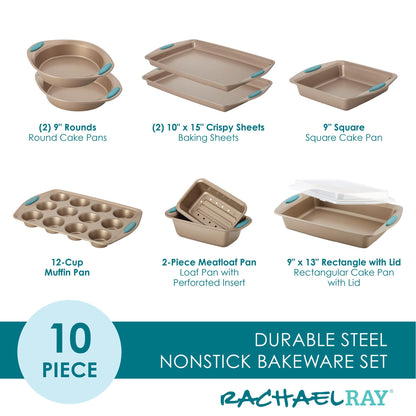 Rachael Ray 47578 Cucina Nonstick Bakeware Set with Grips Includes Nonstick Bread Pan, Baking Sheet, Cookie Sheet, Baking Pans, Cake Pan and Muffin Pan - 10 Piece, Latte Brown with Agave Blue Grips - CookCave
