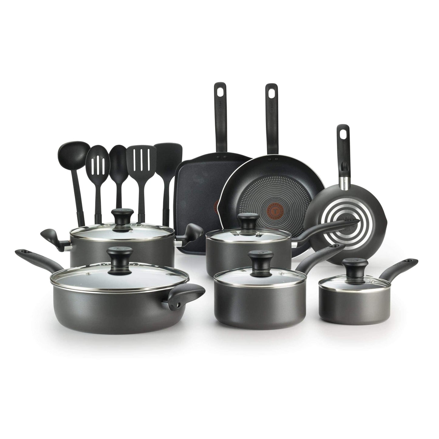 T-fal Initiatives Nonstick Cookware Set 18 Piece Oven Safe 350F Pots and Pans, Dishwasher Safe Black - CookCave
