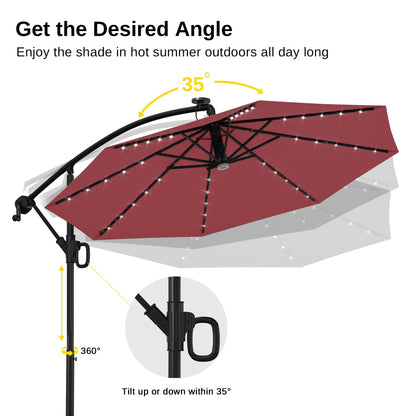 EAST OAK Patio Umbrella, 10 ft Outdoor Offset Umbrella with 8 Ribs, 40 LED Solar Lights and Crank, Aluminum Pole and UPF 50+ Fade Resistant for Garden, Deck and Poolside, Wine Red - CookCave