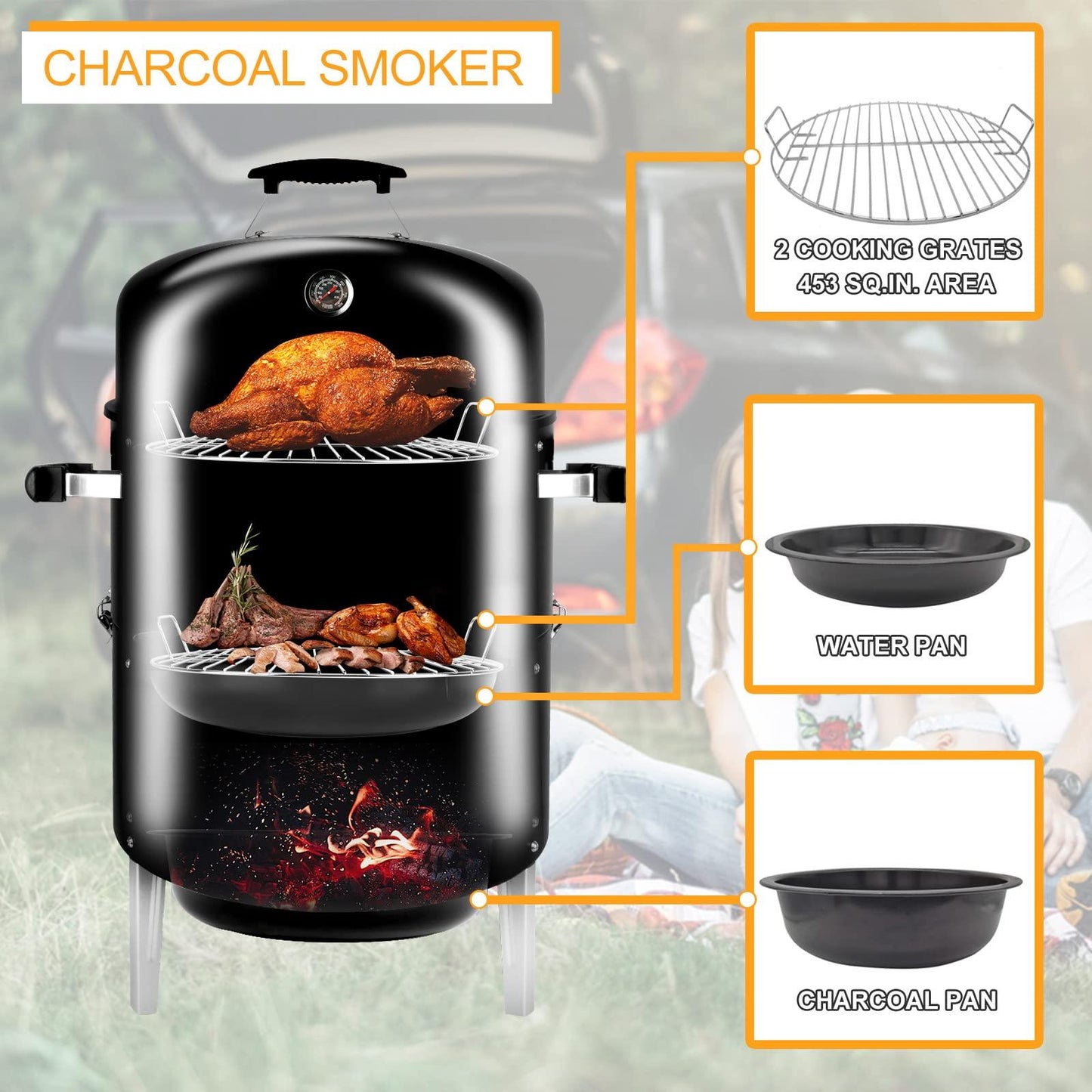 SUNLIFER Portable Charcoal BBQ Grill: Outdoor Small Charcoal Grills with Meat Smoker Combo for Backyard Patio Barbecue | Outdoor Smoking | Camping BBQ | Outside Cooking - CookCave