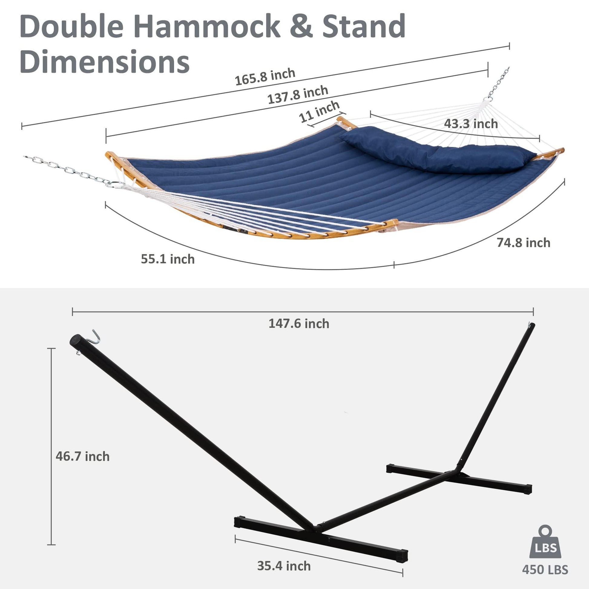 SUNCREAT Outdoor Hammock with Curved Spreader Bar, Patio Double Hammock with Stand, Soft Pillow, 450 lbs Capacity,Dark Blue - CookCave