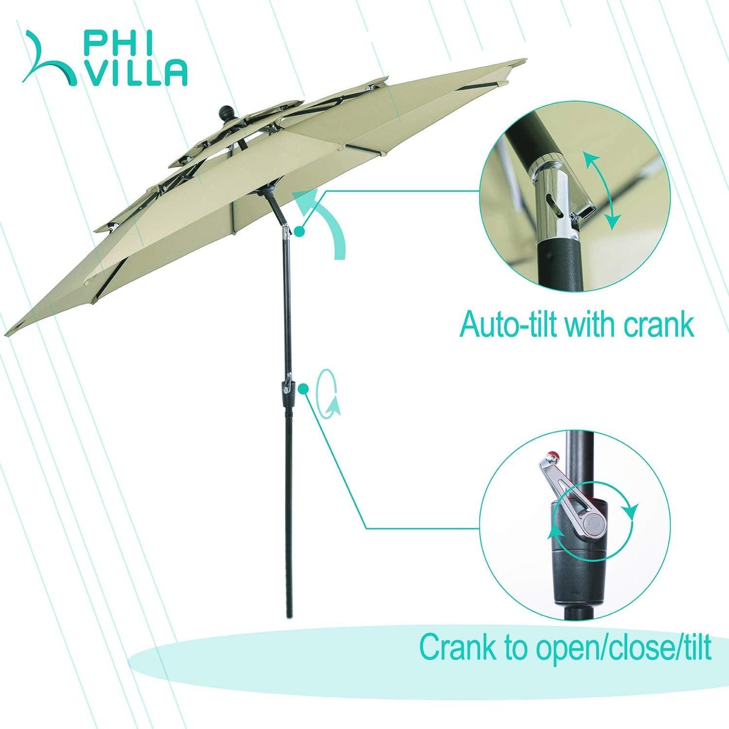 PHI VILLA 10ft 3 Tier Patio Umbrella, Outdoor Market Table Sun Shade Umbrellas for Backyard Deck Poolside, Auto-tilt, Beige - CookCave