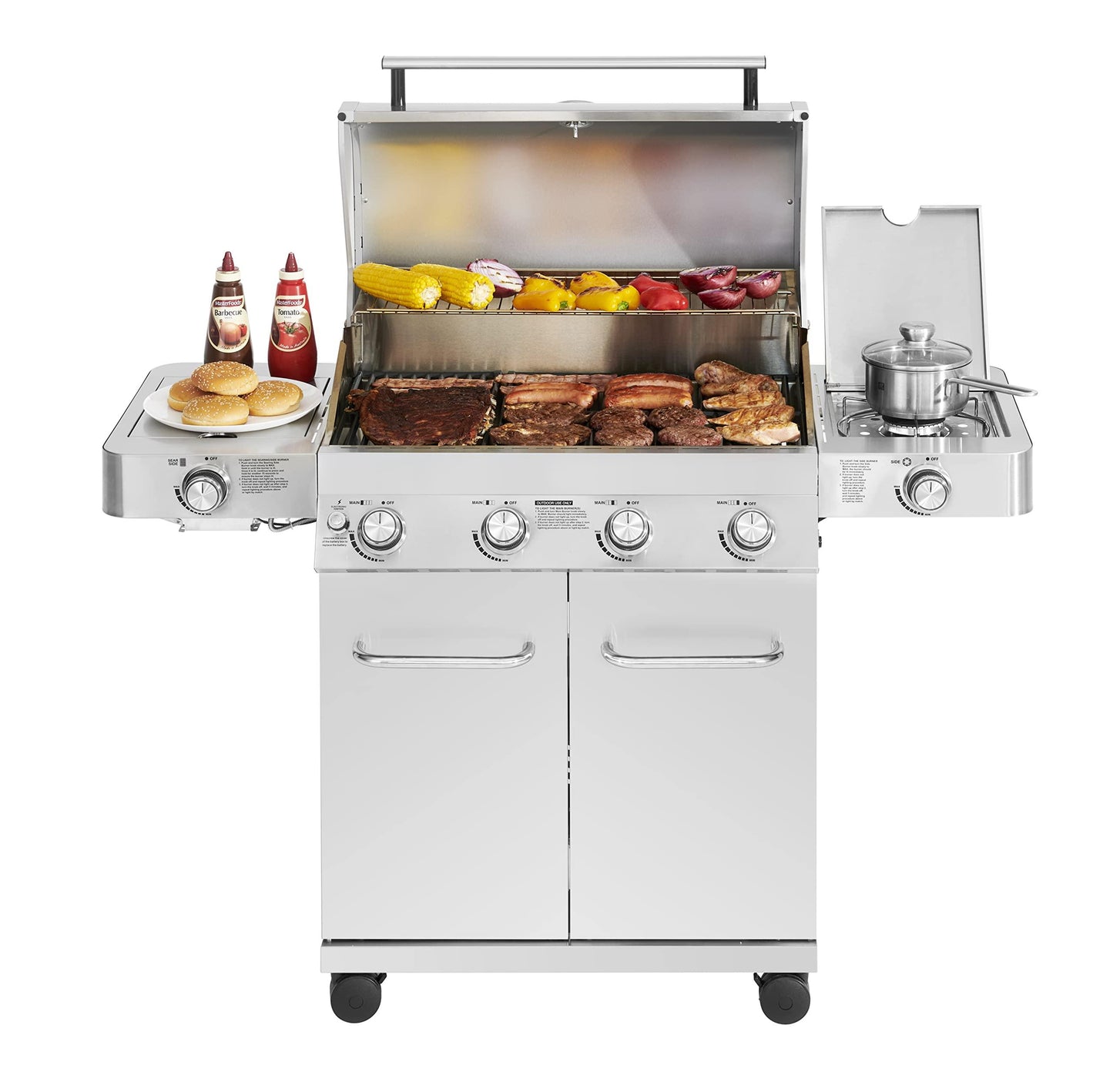 Monument Grills Larger 4-Burner Propane Gas Grills Stainless Steel Cabinet Style with Side & Side Sear Burners, Built in Thermometer, and LED Controls - CookCave