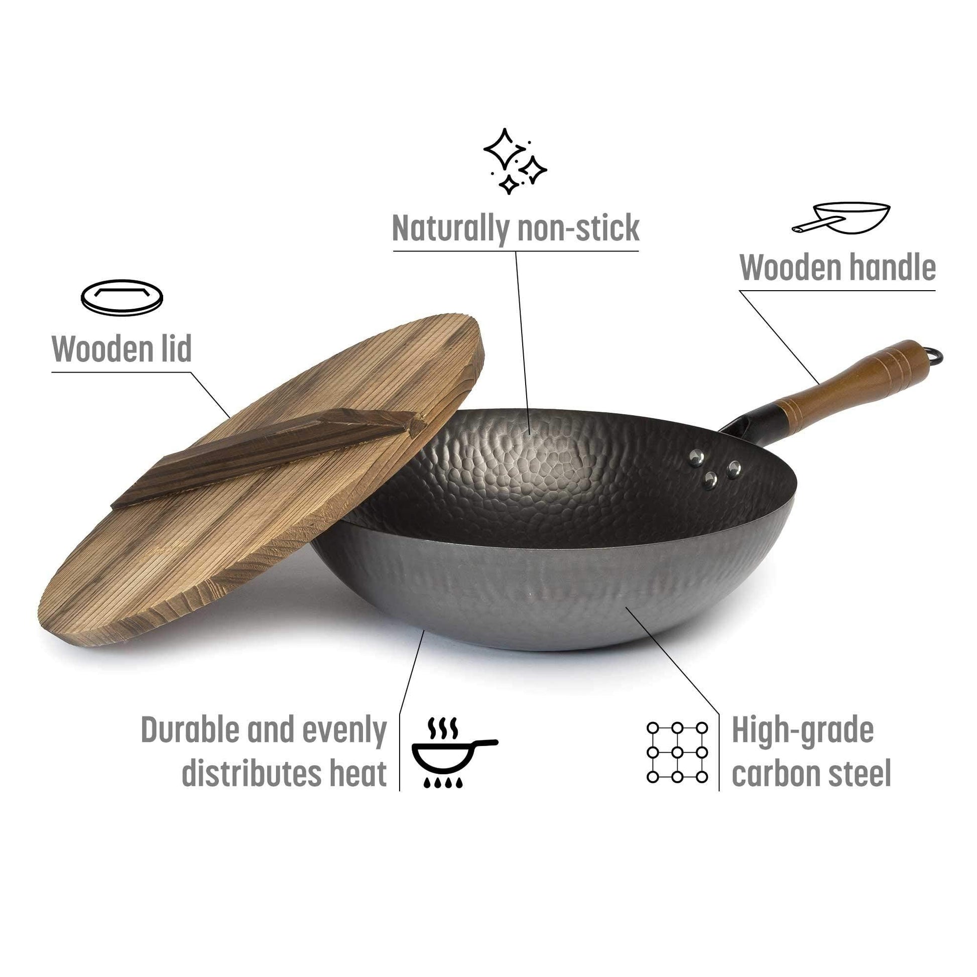 Goodful Hammered Carbon Steel 13-Inch Wok Pan with Lid, Black, Non-Stick, Compatible with Most Cooktops - CookCave