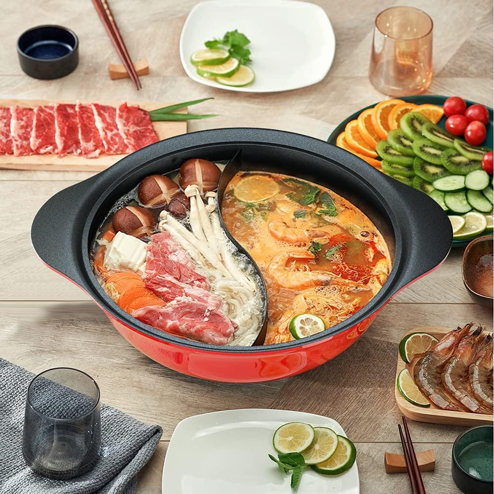 Hot Pot with Divider for Induction Cooker Dual Sided Soup Cookware Two-flavor Chinese Shabu Shabu Pot for Home Party Family Gathering, 4.5 Quart (Red) - CookCave