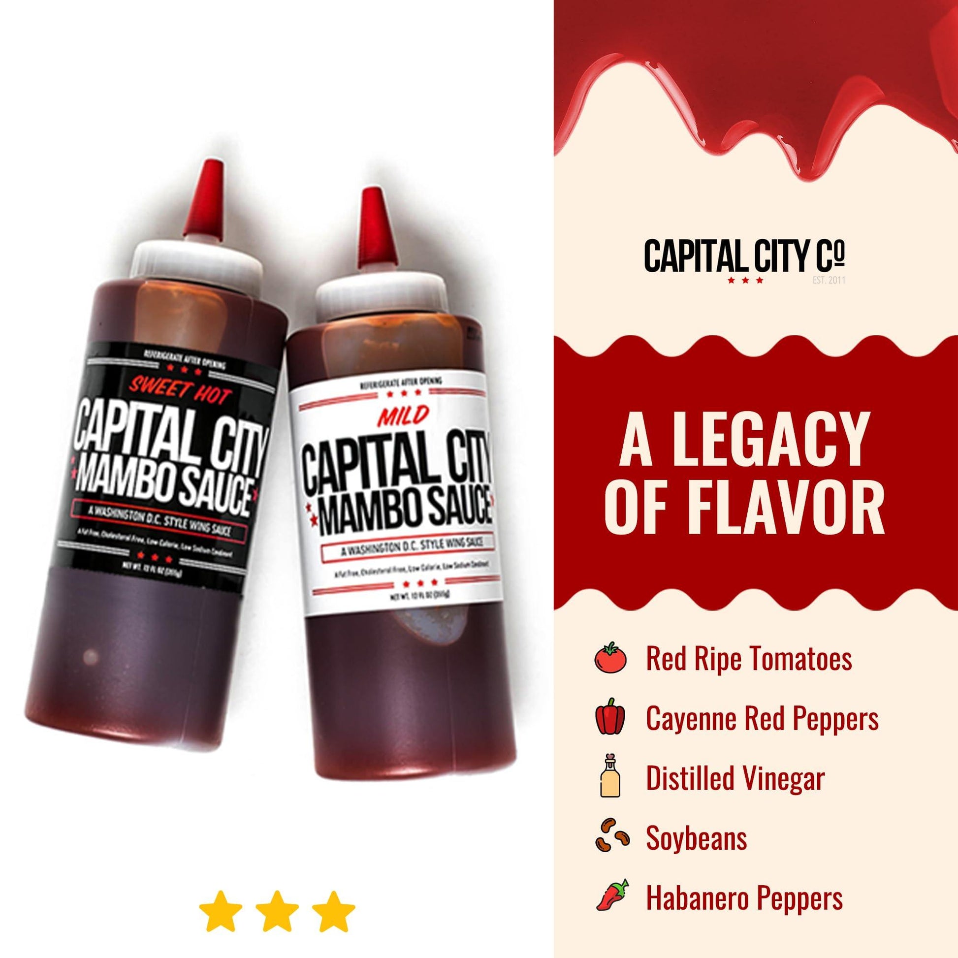 Capital City Mambo Sauce - Variety 2 Pack - Sweet Hot & Mild | Washington DC Wing Sauces | Perfect Condiment Topping for Wings, Chicken, Pork, Beef, Seafood, Burgers, Rice or Noodles | 12 fl oz Bottles - CookCave