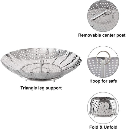 Vegetable Steamer Basket Premium Stainless Steel - Folding Collapsible Rust-Free for Easy Storage and Stay Fresh-Adjustable To Different Pots & Pans - CookCave