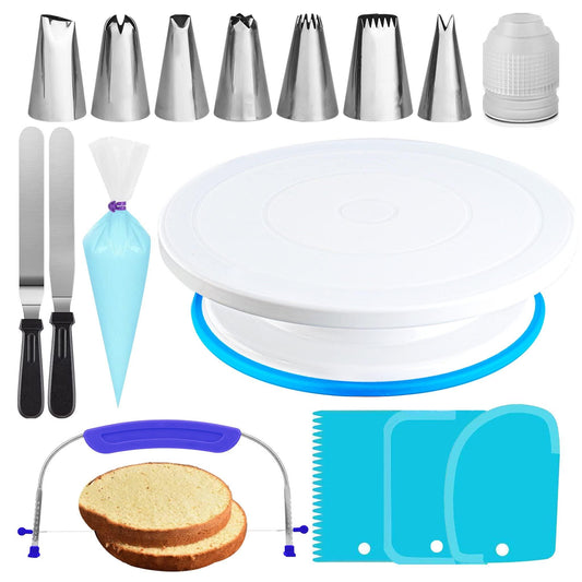 RFAQK 35PCs Cake Turntable and Leveler-Rotating Cake Stand with Non Slip pad-7 Icing Tips and 20 Bags- Straight & Offset Spatula-3 Scraper Set -EBook-Cake Decorating Supplies Kit -Baking Tools - CookCave