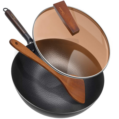 ANEDER Carbon Steel Wok Pan with Lid & Wood Spatula, 12.5" Cast Iron Stir Fry Pan with Flat Bottom and Wooden Handle for Electric, Induction and Gas Stoves - CookCave