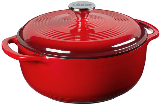 Lodge 4.5 Quart Enameled Cast Iron Dutch Oven with Lid – Dual Handles – Oven Safe up to 500° F or on Stovetop - Use to Marinate, Cook, Bake, Refrigerate and Serve – Island Spice Red - CookCave