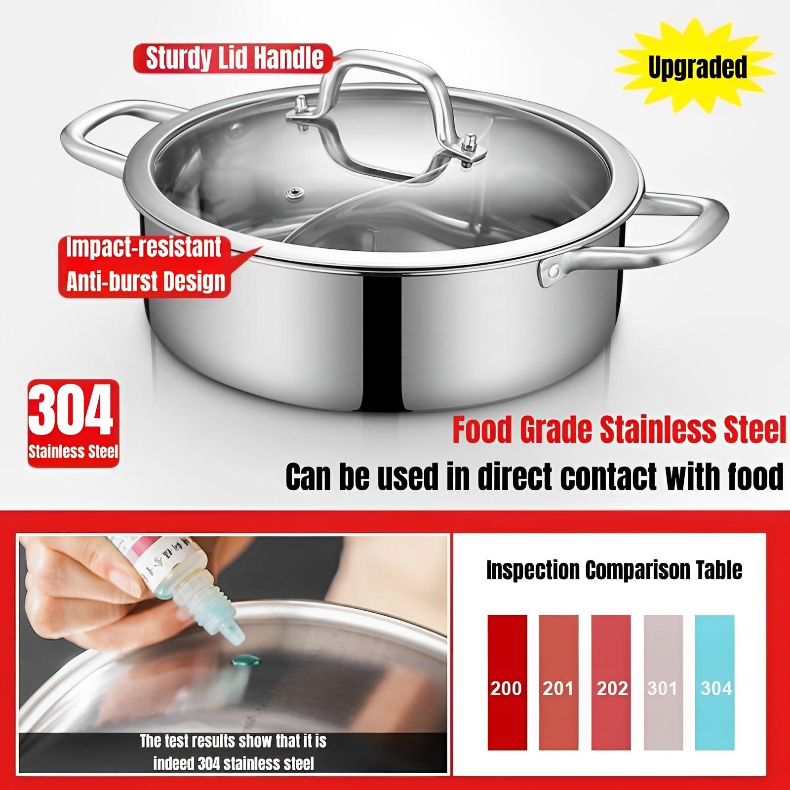 Double-flavor Shabu Shabu Pot with Divider and Lid, Dual Sided Nonstick Hot Pot, 32cm/12.6in Stainless Steel Shabu Shabu Pot, for Induction Cooktop, Gas Stove & Hot Burner, Soup Ladle Included - CookCave