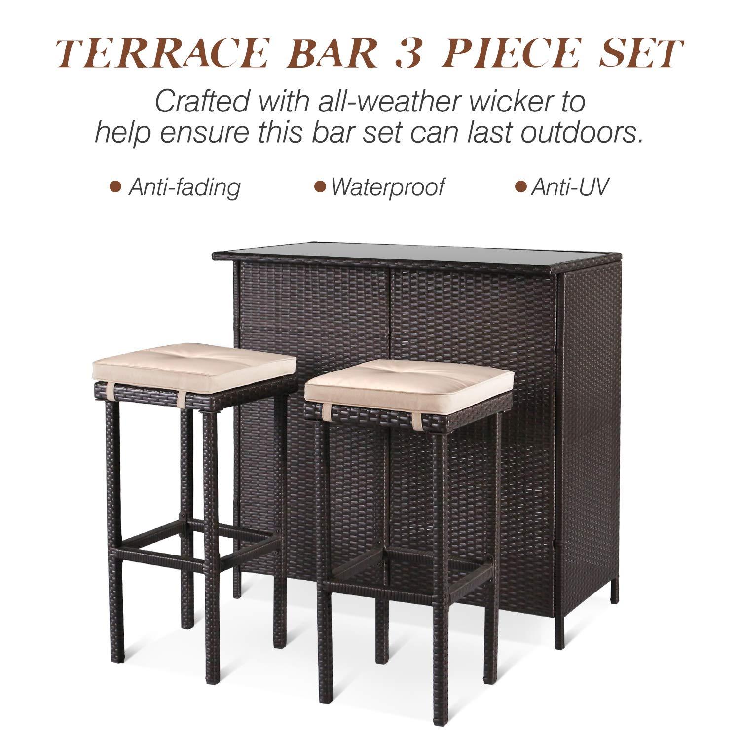 SOLAURA 3-Piece Outdoor Patio Bar Set Black Brown Wicker Bar Table Set Patio Furniture and Two Stools with Cushions for Backyards, Lawn, Garden, Deck, or Poolside - CookCave