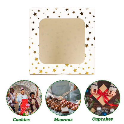 Moretoes 30pcs 4x4x2.5in Christmas Cookie Boxes, White Bakery Boxes with Window Gold Foil Star for Xmas Gift Giving Cake Pastry Dessert Cupcakes Candy Donut Packaging Treat Boxes - CookCave