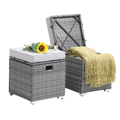 Patiorama 2 Piece Outdoor Patio Ottomans,All-Weather Grey PE Rattan Wicker Ottoman with Storage,Outdoor Footrest Footstool Seat w/Thick Cushion,Built-in Handle for Backyard Poolside Porch (Light Grey) - CookCave