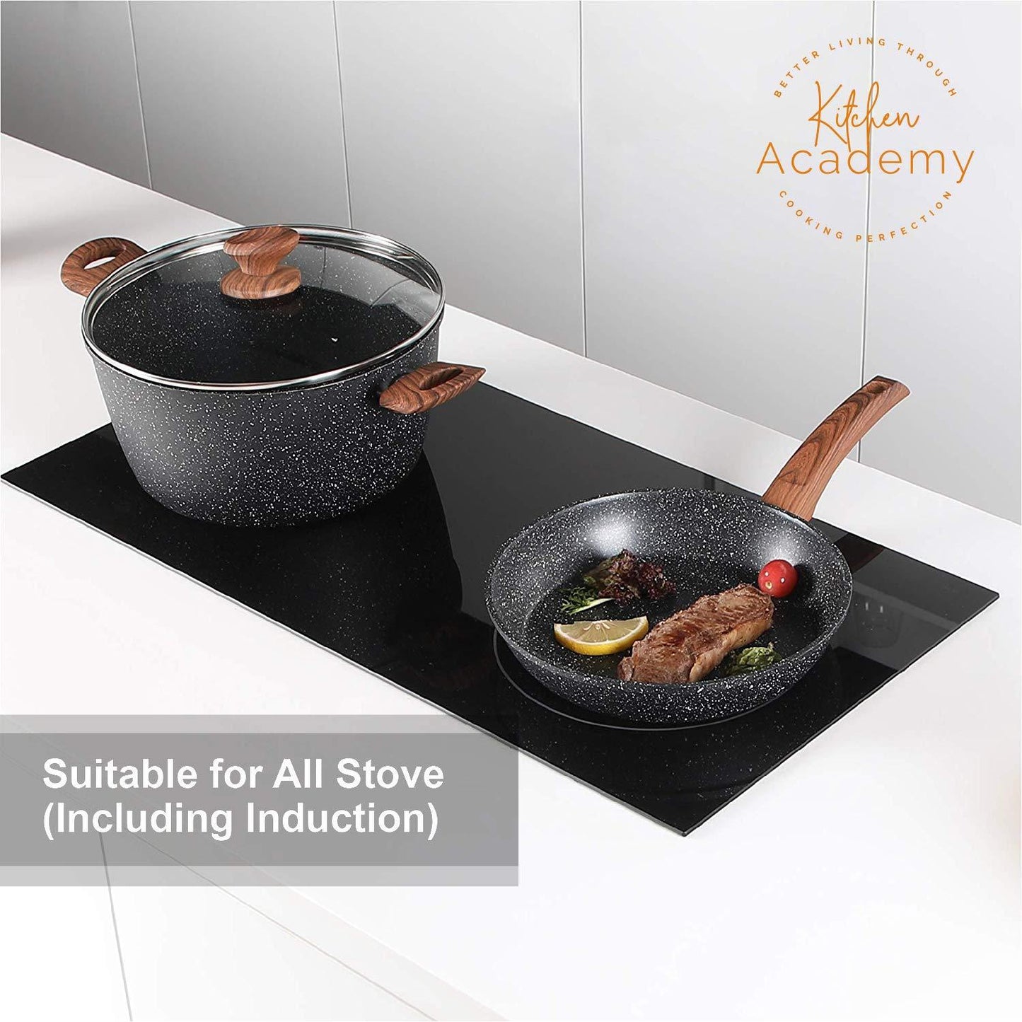 Kitchen Academy Induction Cookware Sets - 12 Piece Cooking Pan Set, Granite Black Nonstick Pots and Pans Set - CookCave