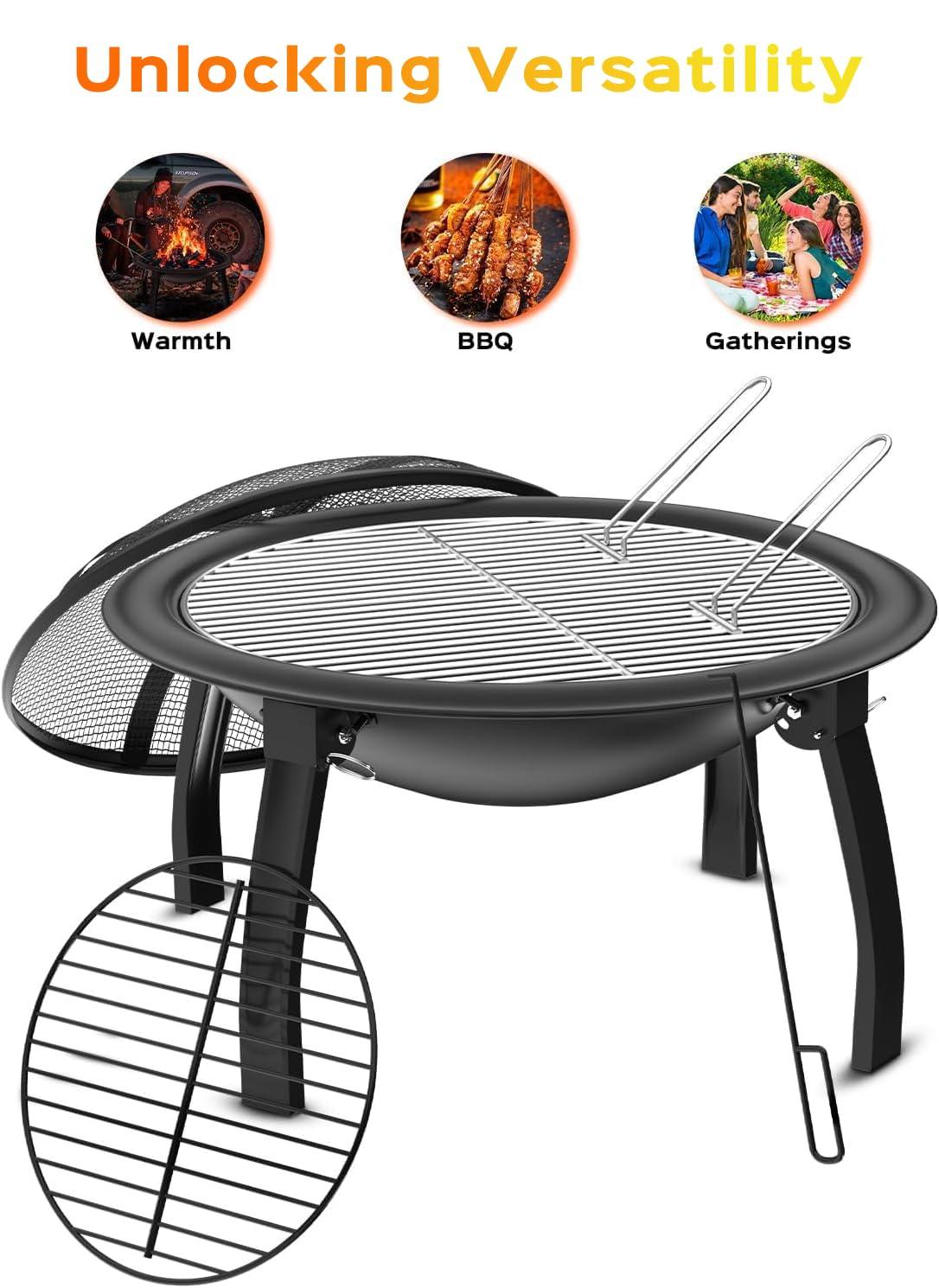 PROUS Outdoor Fire Pit, 22in Foldable Wood Burning Fire Pit, Portable Fire Pit for Camping with Carry Bag, Spark Screen & Poker, Pack Grill, Folding Legs for Camping, Picnic, Bonfire - CookCave