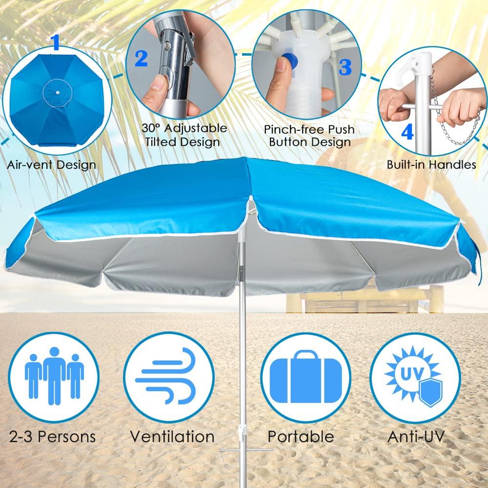 Snail 7.2' Portable Beach Umbrella with Sand Anchor, Tilt Aluminum Pole, Air Vent & Carry Bag, Upgrade UV Protection Sunshade Umbrella with Sliver Coating for Outdoor Beach Pool, Light Blue - CookCave