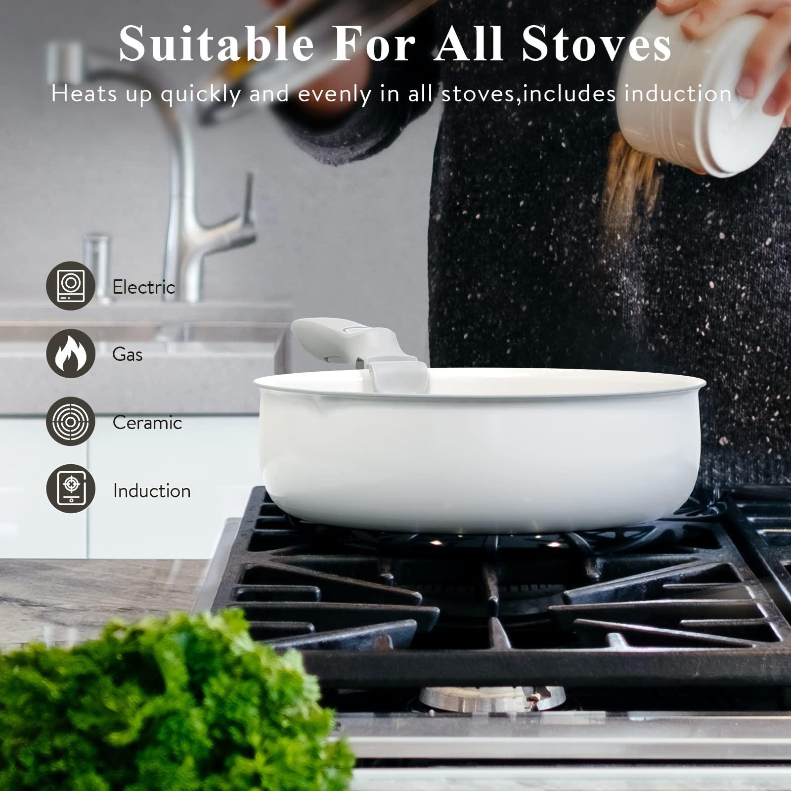 Bazova Healthy Ceramic Cookware Set,10-Pcs Nonstick Pots and Pans Set with Removable Handles,Space Saving Kitchen Set,Dishwasher/Oven Safe,PFAS Free - CookCave