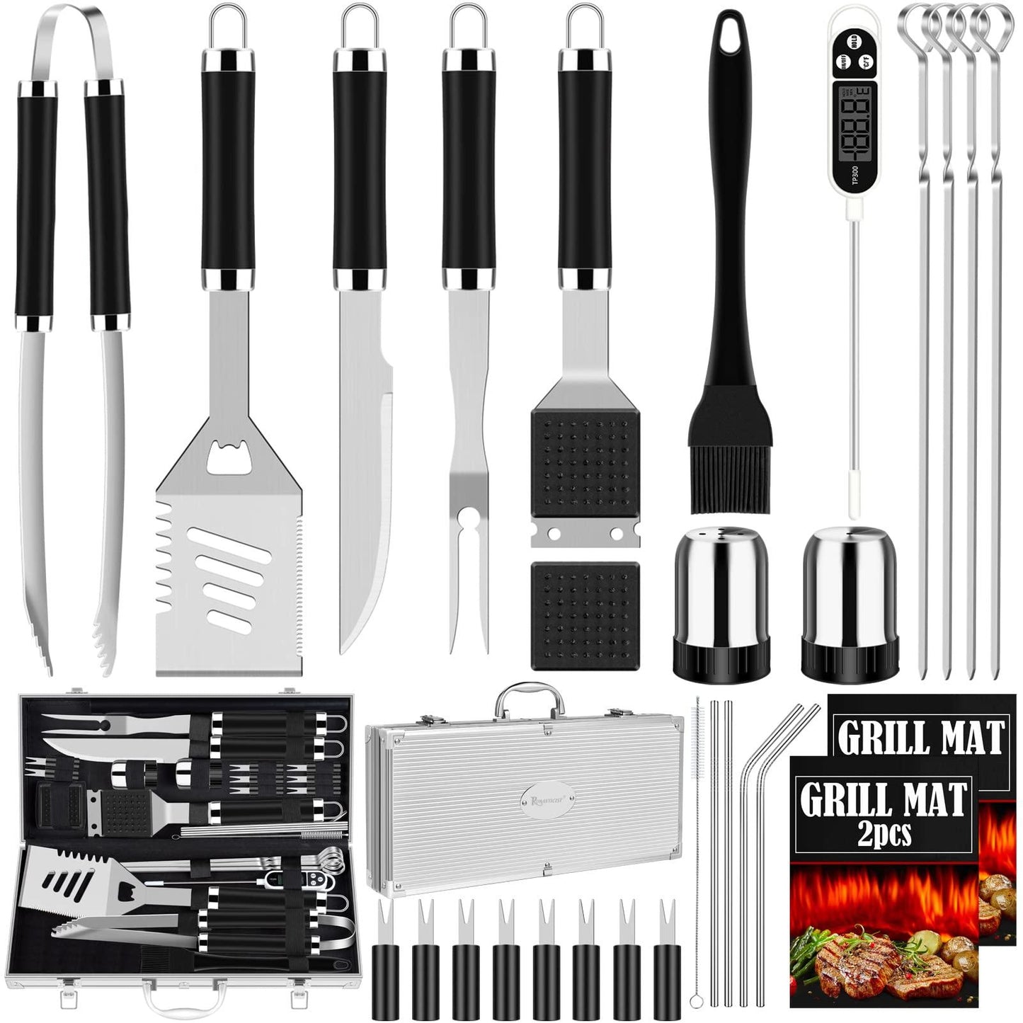 ROMANTICIST 30pcs BBQ Grill Tool Set for Men Dad, Heavy Duty Stainless Steel Grill Utensils Set, Non-Slip Grilling Accessories Kit with Thermometer, Mats in Aluminum Case for Travel, Outdoor Black - CookCave
