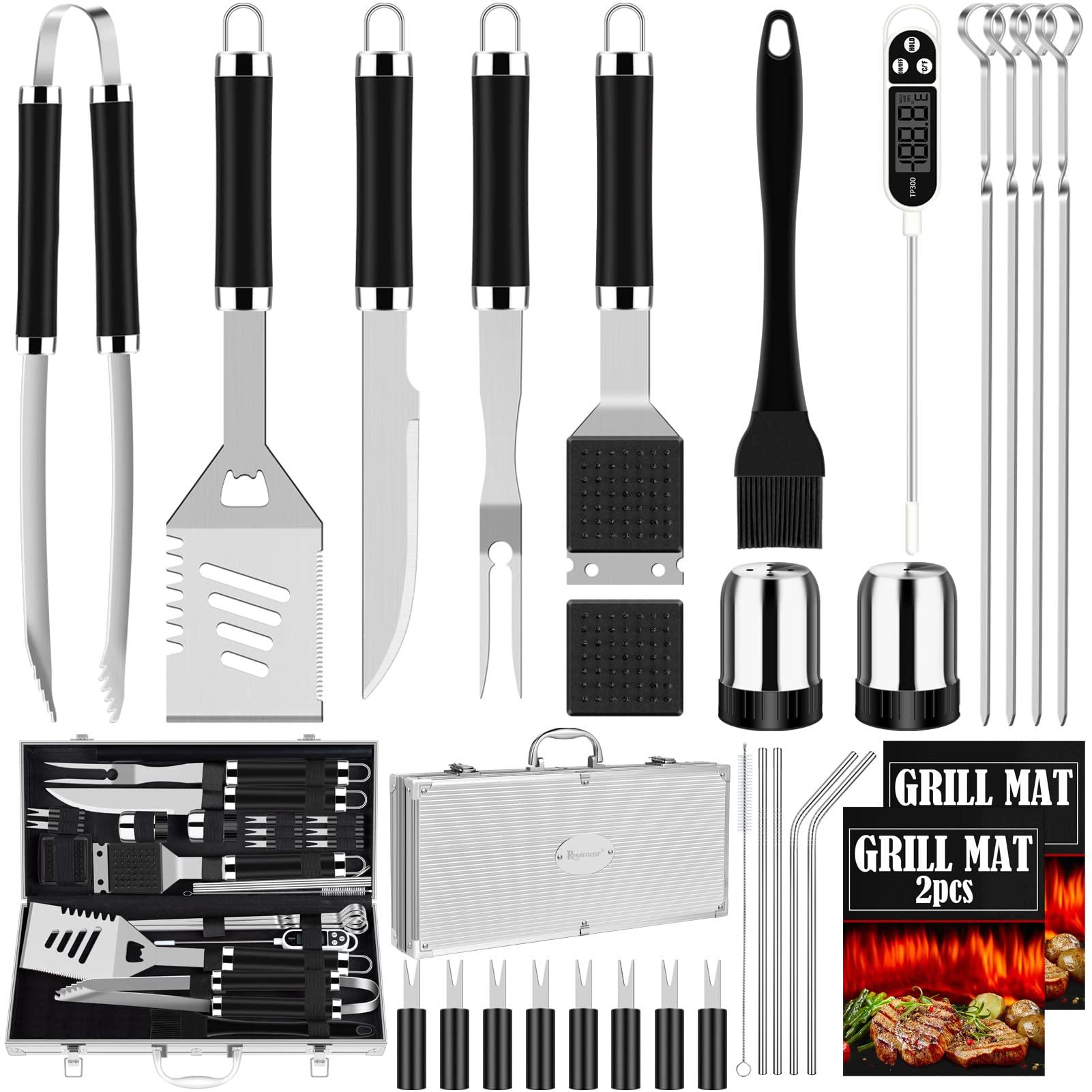 ROMANTICIST 30pcs BBQ Grill Tool Set for Men Dad, Heavy Duty Stainless Steel Grill Utensils Set, Non-Slip Grilling Accessories Kit with Thermometer, Mats in Aluminum Case for Travel, Outdoor Black - CookCave