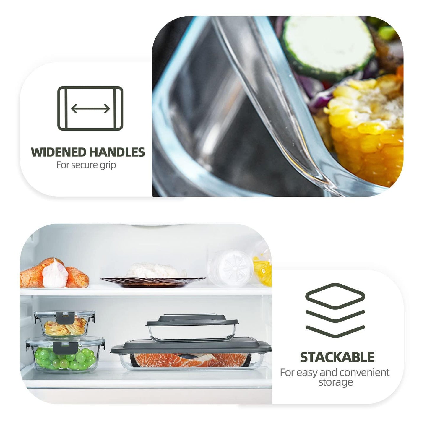 KOMUEE Rectangular Glass Baking Dish with Lids Set & Round Glass Food Storage Containers With Lids Set,Glass Bakeware Set with Lids for Lasagna, Leftovers, Cooking, Kitchen, Fridge-to-Oven,Gray - CookCave