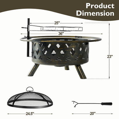 Aoxun 2 in 1 Fire Pit 36'' with Cooking Grill,Outdoor Wood Burning Fire Pit for Backyard Bonfire Patio,Outside-Steel BBQ Grill Firepit Bowl with Cover & Fire Poker - CookCave