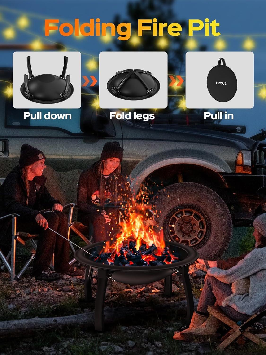 PROUS Outdoor Fire Pit, 22in Foldable Wood Burning Fire Pit, Portable Fire Pit for Camping with Carry Bag, Spark Screen & Poker, Pack Grill, Folding Legs for Camping, Picnic, Bonfire - CookCave