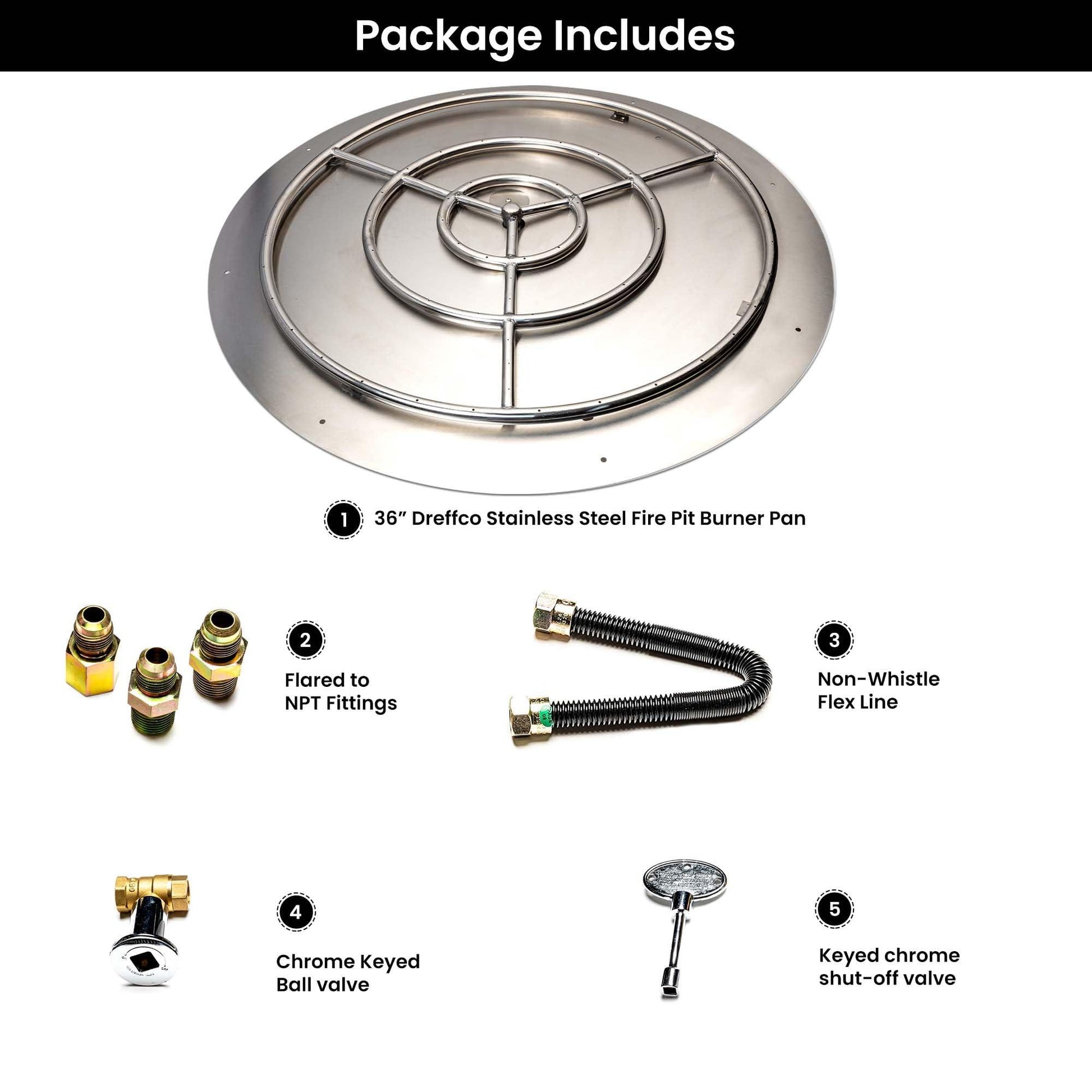 Dreffco Fire Pit Burner Pan & Ring - Works with Natural Gas - Stainless Steel Fire Pit Burner Kit 36-Inch Pan, 30-Inch Ring - 200,000 BTU Max - CookCave