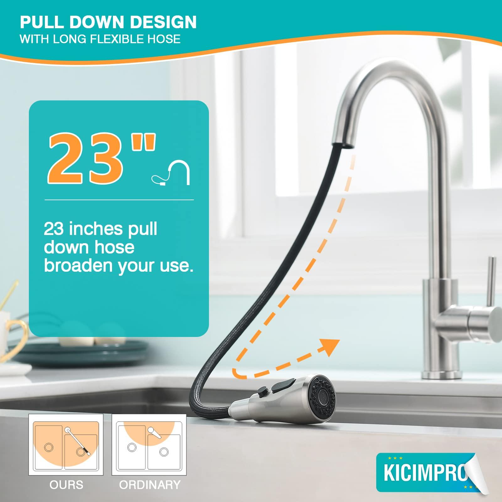 Kicimpro Kitchen Faucet with Pull Down Sprayer Brushed Nickel, High Arc Single Handle Sink Faucet with Water Lines, Commercial Modern rv Stainless Steel, Grifos De Cocina - CookCave