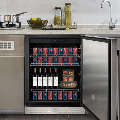 VEVOR 24'' Built-in Beverage Cooler, 5.3 cu.ft. Stainless Steel Beverage Refrigerator w/Embraco Compressor, 142 Can Beer Fridge for Home Bar Office Outdoor Indoor Use, 150L, Black & Silver - CookCave