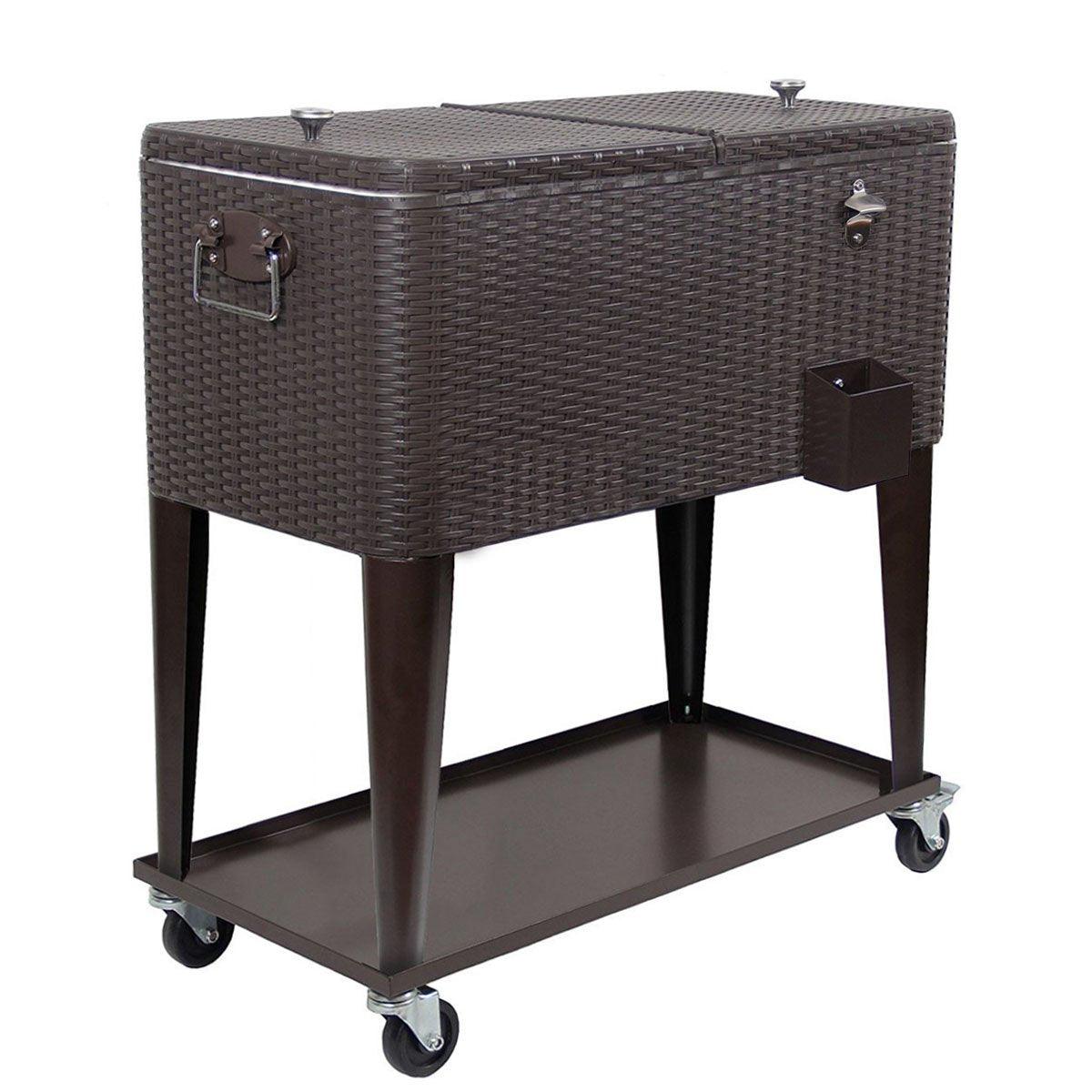 80 Quart Qt Rolling Cooler Ice Chest Cart for Outdoor Patio Deck Party, Dark Brown Wicker Faux Rattan Tub Trolley, Portable Backyard Party Drink Beverage Bar, Wheels with Shelf & Bottle Opener - CookCave