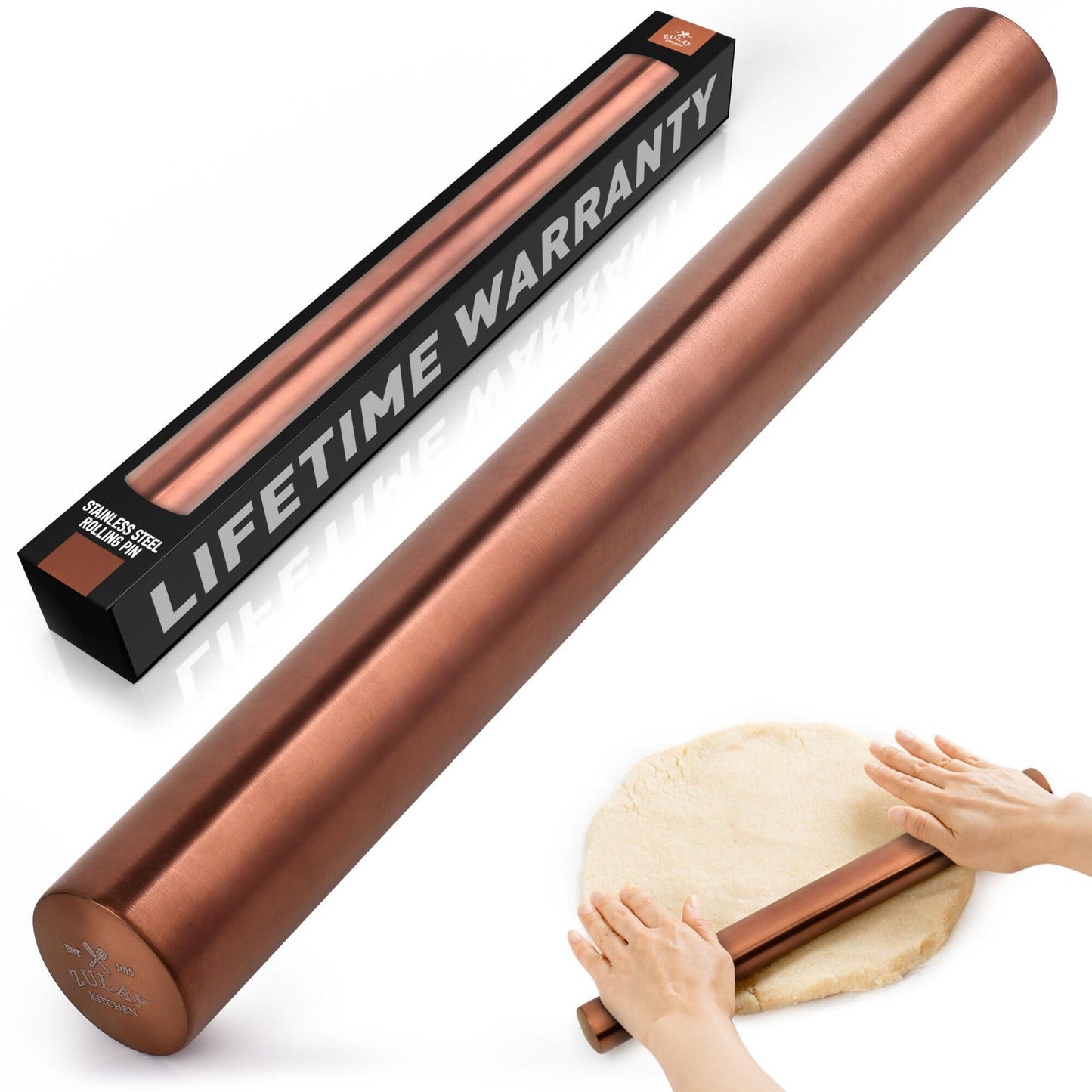 Zulay Kitchen 15.9 inch Professional Stainless Steel Rolling Pin - Lightweight Metal French Rolling Pin - Perfect for Baking, Fondant, Pizza Dough Roller, Dumpling - Copper - CookCave