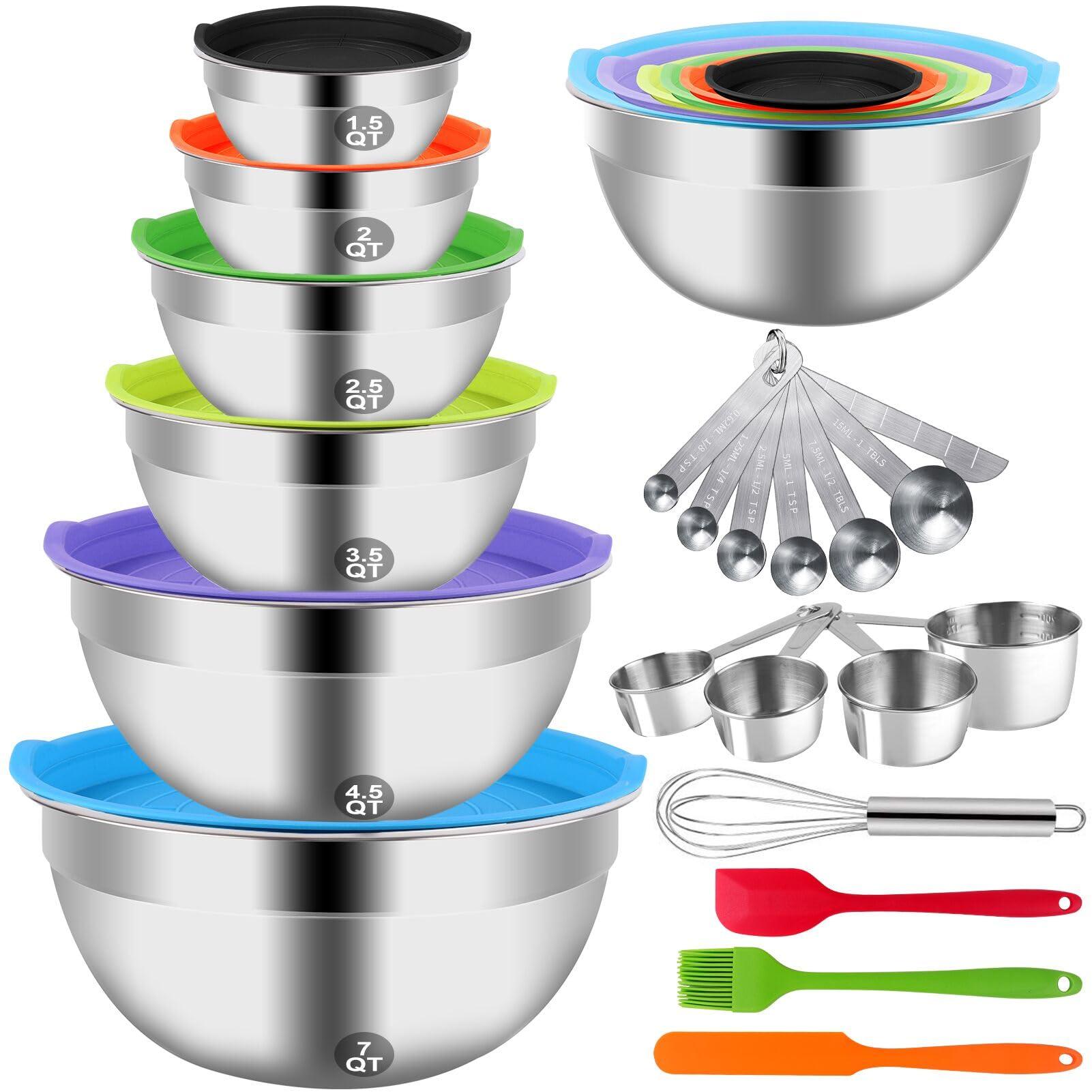 Mixing Bowls with Lid Set, 23PCS Kitchen Utensils Metal Bowl Stainless Steel Nesting Bowls, Measuring Cups and Spoons, Egg Whisk for Baking Prepping Cooking Serving Supplies - CookCave