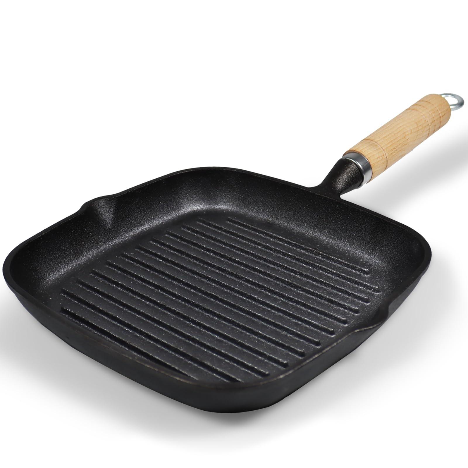 Bazova Cast Iron Griddle Grill Pan, Stovetop Griddle Pan with Ridges 8.3 Inch Grilling Plates with Pour Spouts Stove Top Gas Grill for Steak, BBQ & Camping Grill, Suitable for All Stovetops Oven Safe - CookCave