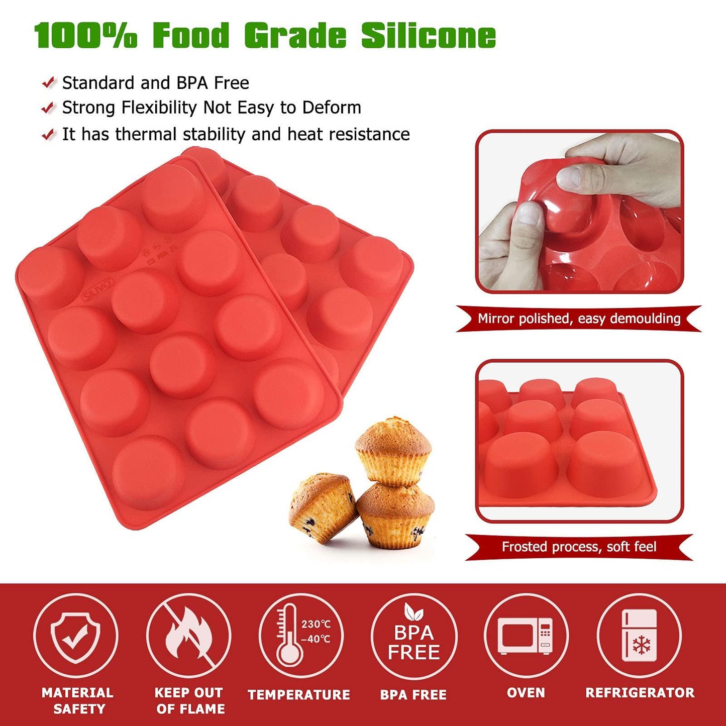 SILIVO Silicone Muffin Pans Nonstick 12 Cup(2 Pack) - 2.5 inch Silicone Cupcake Pan - Silicone Baking Molds for Homemade Muffins, Cupcakes and Egg Bites - 12 Cup Muffin Tin - CookCave