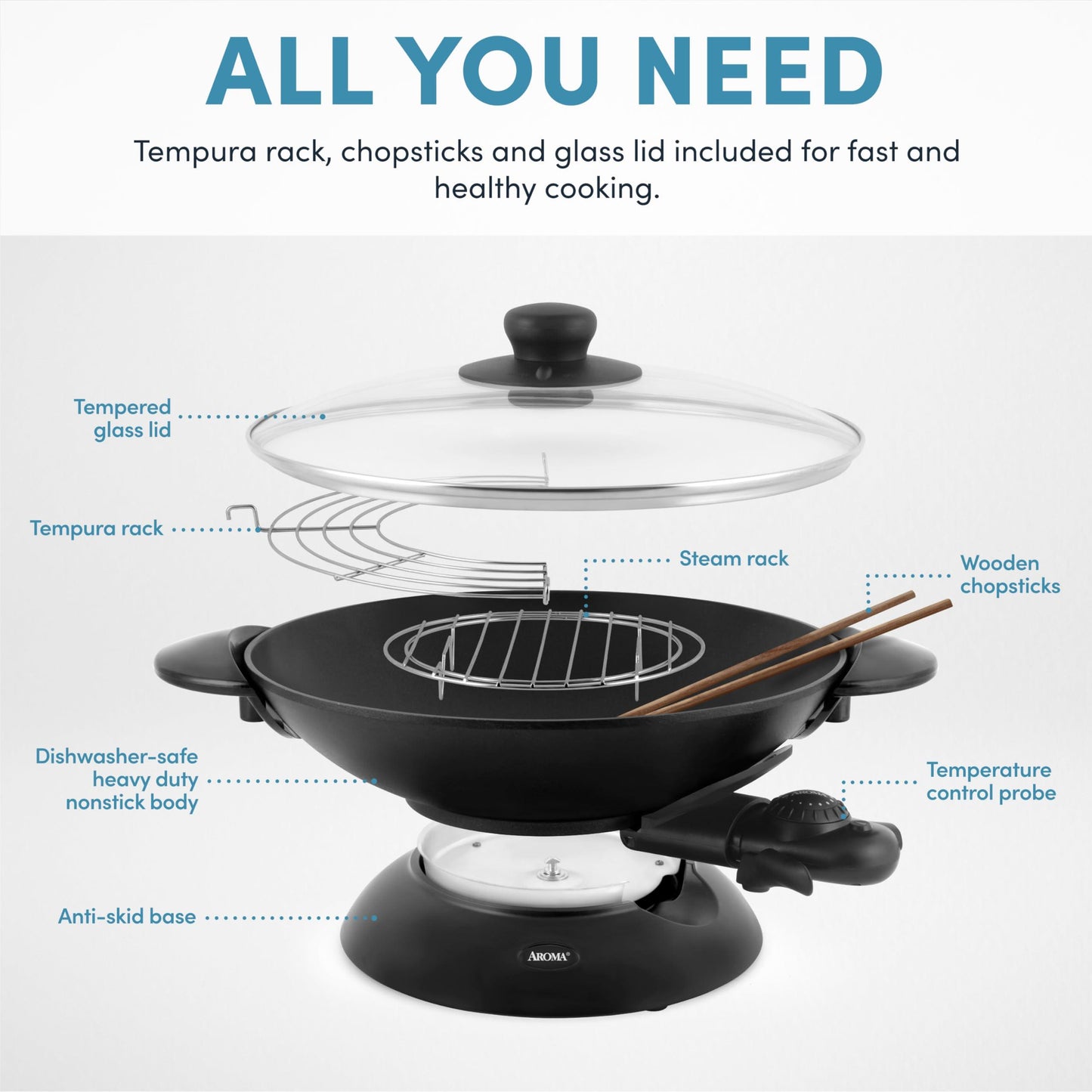 Aroma Housewares AEW-306 Electric Wok with Tempered Glass Lid Easy Clean Nonstick, Cooking Chopsticks, Tempura and Steaming Racks, Professional Model, Black - CookCave