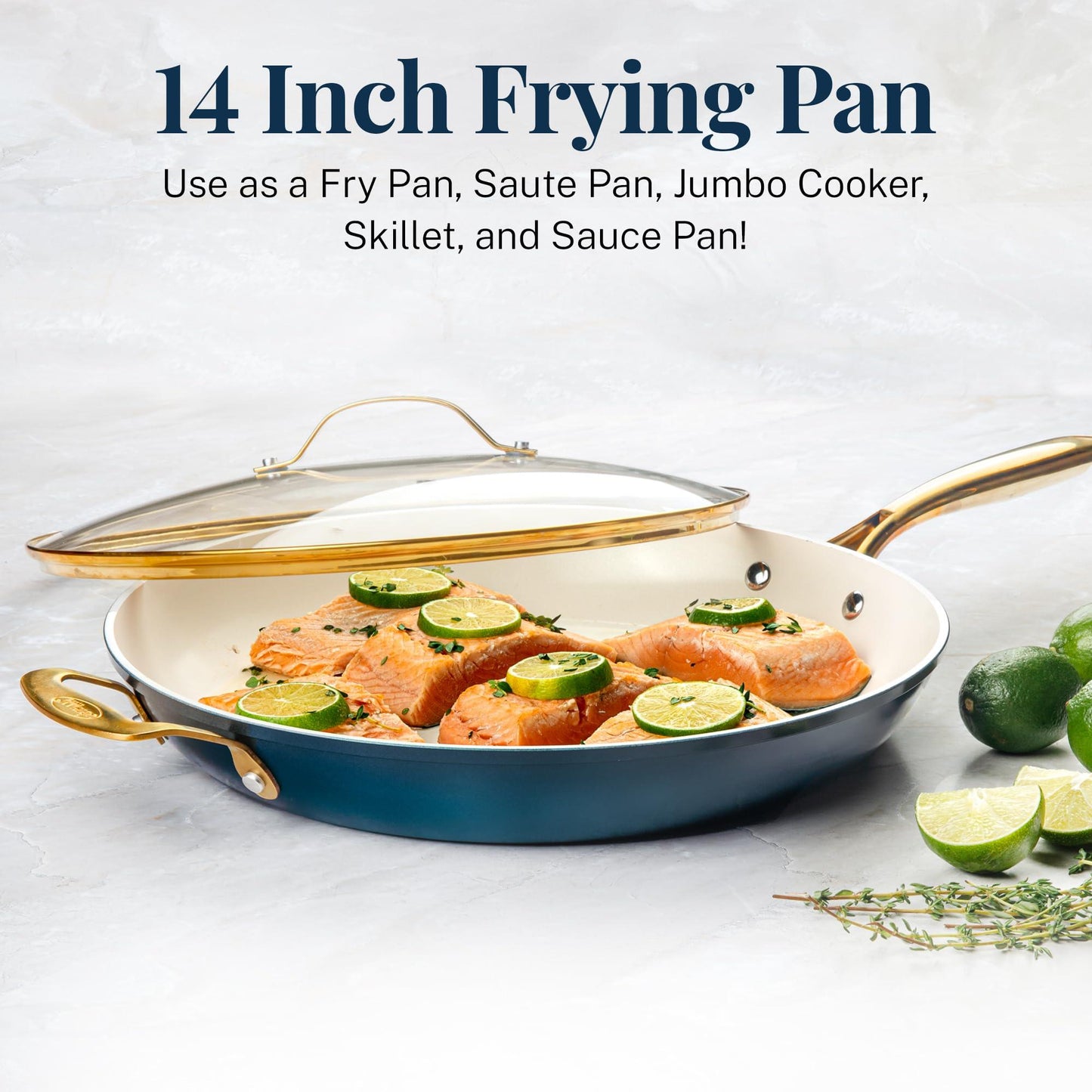 Gotham Steel 14 Inch Non Stick Frying Pans, Family Sized Non Stick Skillet, Large Frying Pan Nonstick Frying Pan, Induction Pan, Nonstick Pan for Cooking, Oven Safe Skillet, Dishwasher Safe–Cream Navy - CookCave