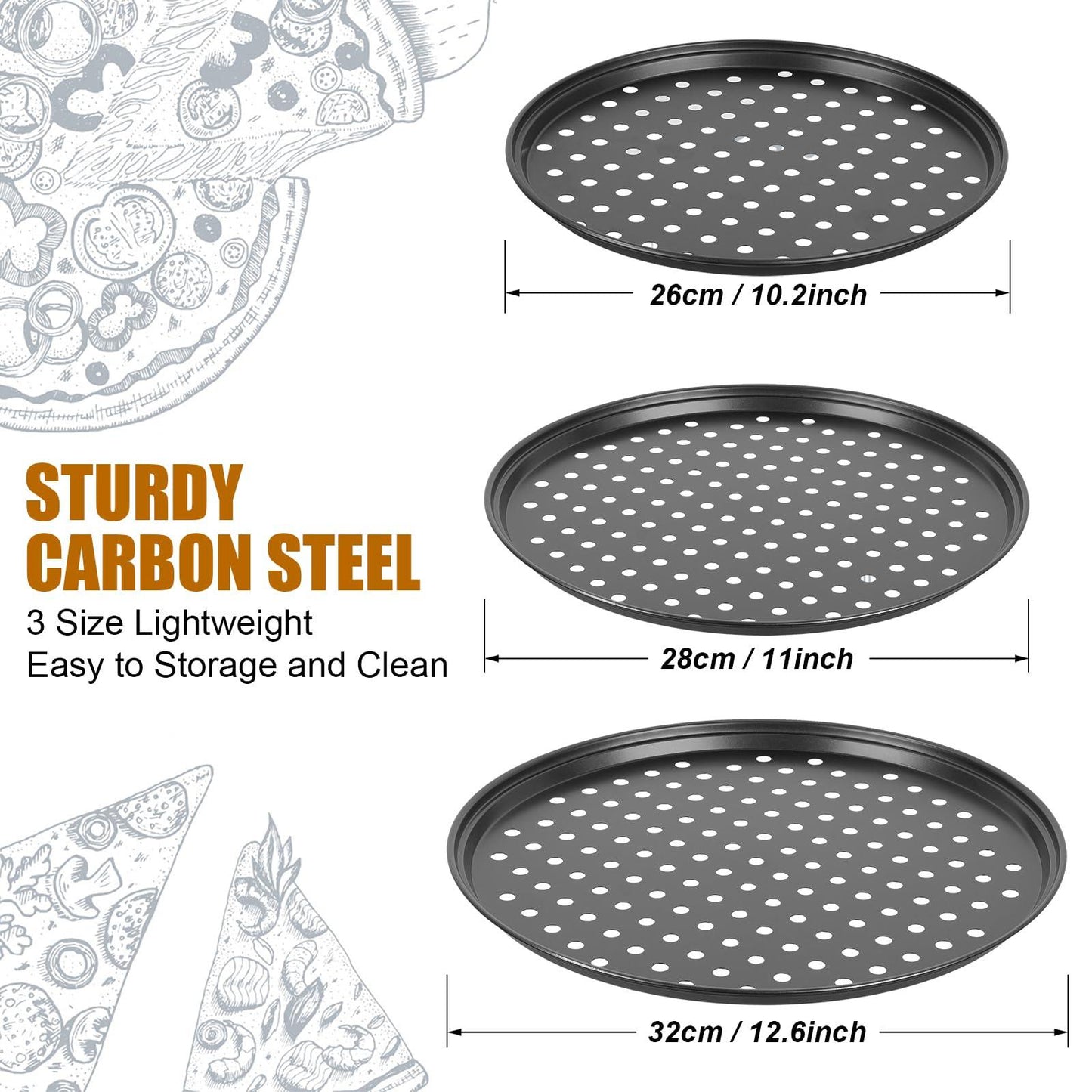 3 Pack Pizza Pan Round Pizza board Carbon Steel Pizza Baking Pan with Accessories Non-Stick Cake Pizza Crisper Server Tray Stand for Home Kitchen Oven Restaurant Pizza Bakeware Pizza Cutter and Slicer - CookCave