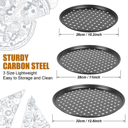 3 Pack Pizza Pan Round Pizza board Carbon Steel Pizza Baking Pan with Accessories Non-Stick Cake Pizza Crisper Server Tray Stand for Home Kitchen Oven Restaurant Pizza Bakeware Pizza Cutter and Slicer - CookCave