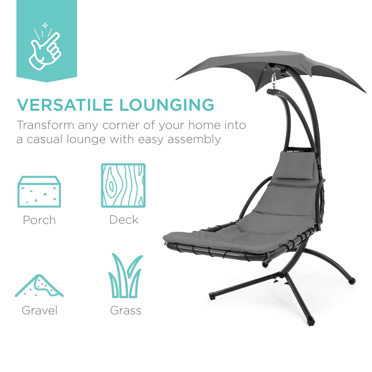 Best Choice Products Outdoor Hanging Curved Steel Chaise Lounge Chair Swing w/Built-in Pillow and Removable Canopy - Charcoal Gray - CookCave