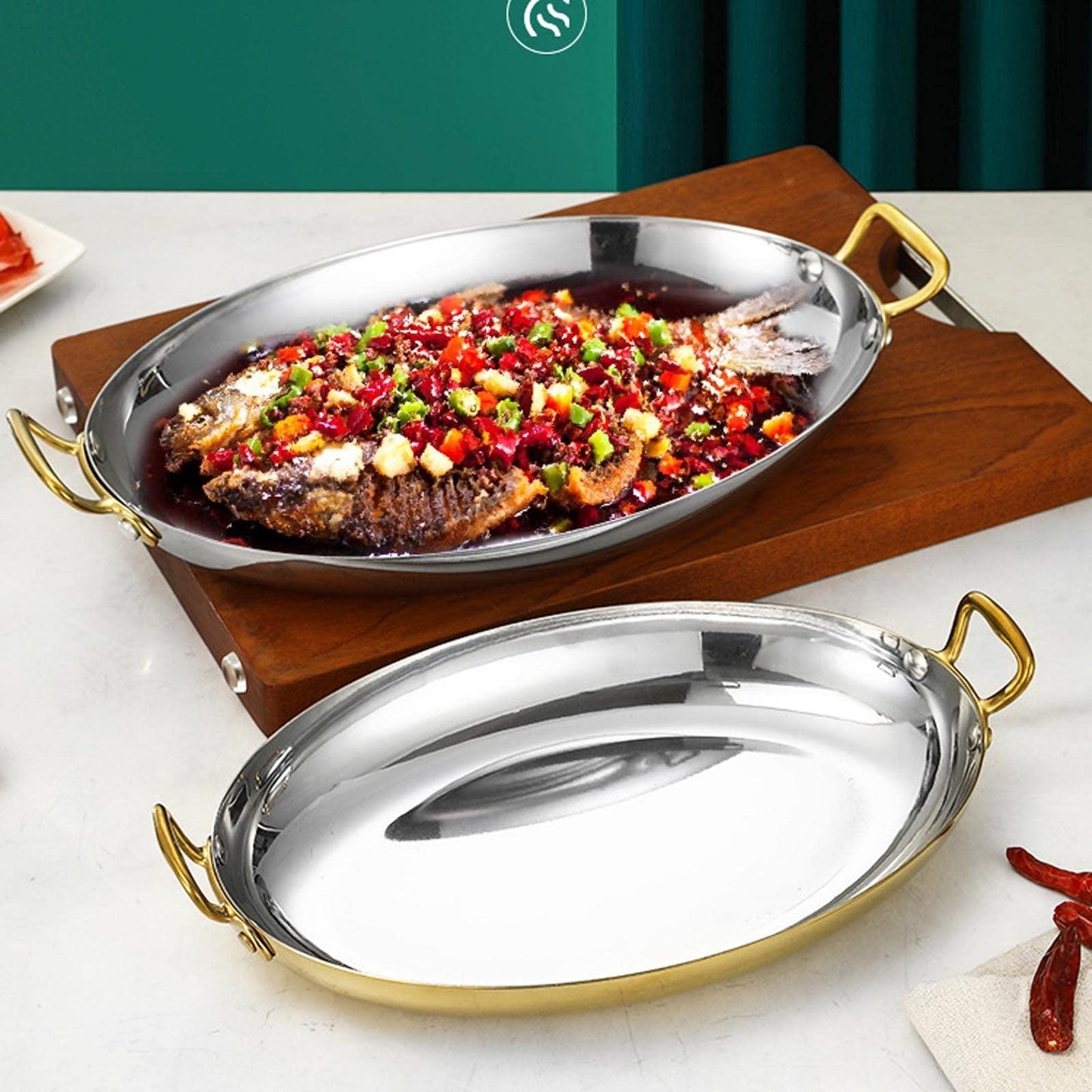 UGCER Oval Spanish Paella Pan - Stainless Steel Seafood Lobster Plate Non Stick Uncoated with Dual Handle for Homes Or Restaurants (Silver,40cm) - CookCave