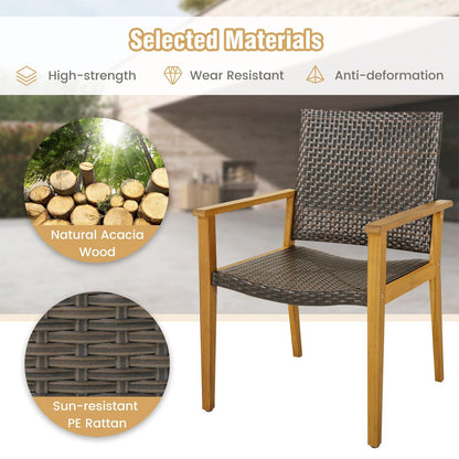 Tangkula Patio Dining Chairs Set of 4, Outdoor Acacia Wood & PE Wicker Chairs with Armrests, Outdoor Rattan Armchairs for Garden, Backyard, Poolside, Balcony (Mix Brown) - CookCave