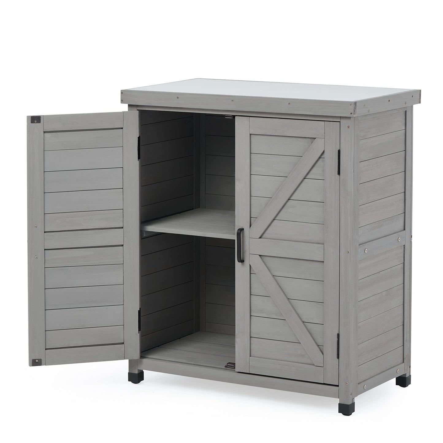 Outdoor Storage Cabinet & Potting Bench Table with Metal Top, Wooden Patio Furniture, Garden Workstation - CookCave