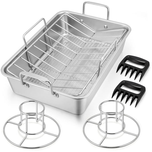 16" Roasting Pan with Rack, 7 PCS P&P CHEF Stainless Steel Roaster Lasagna Pan with Cooling Flat & V-shaped Baking Rack, Grilling Chicken Holder, Meat Shredding Claws, Dishwasher & Oven Safe - CookCave