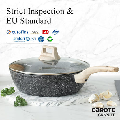 CAROTE 12Inch Nonstick Deep Frying Pan with Lid, 5.5 Qt Jumbo Cooker Saute Pan with Pour Spout, Skillet Induction Cookware, Non Stick Cooking Pan PFOA Free, Classic Granite - CookCave